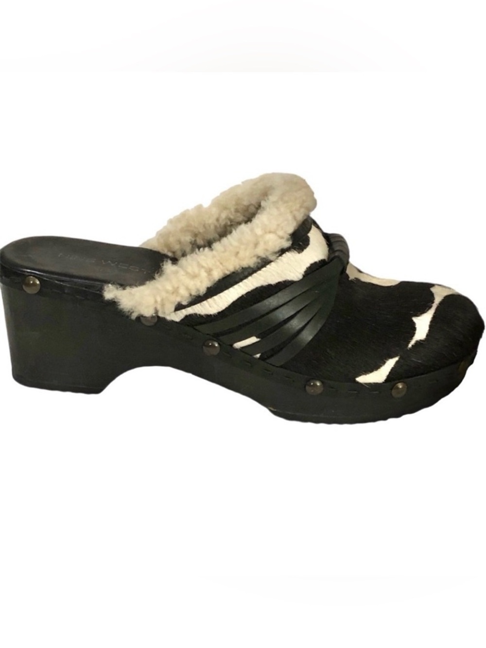 Nine West Black & Cream Cow/Pony Fur Leather Mules Clogs Y2K Faux Fur Trim sz 8